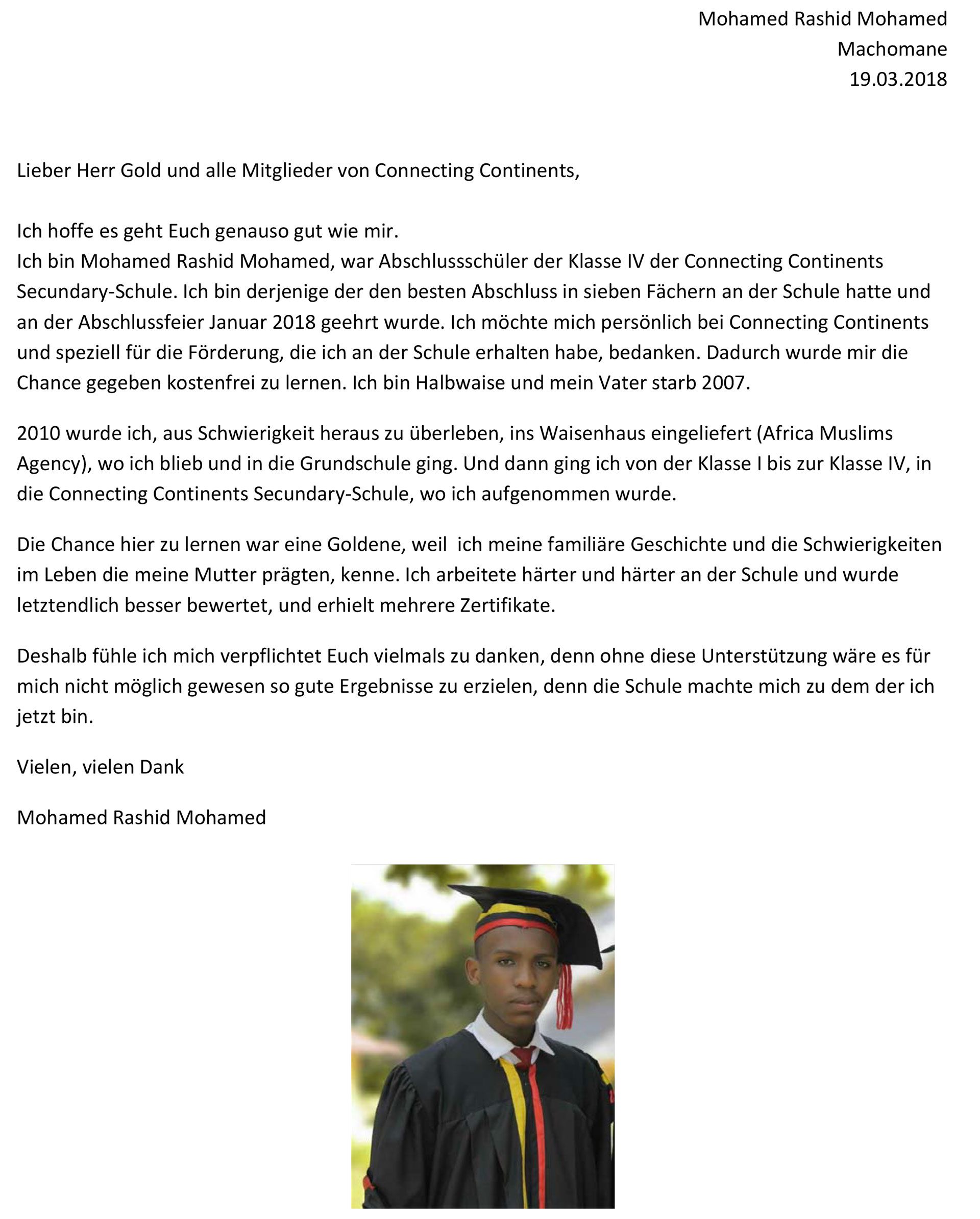 Dankesbrief eines Schülers Mohd Rashid auf deutsch übersetzt